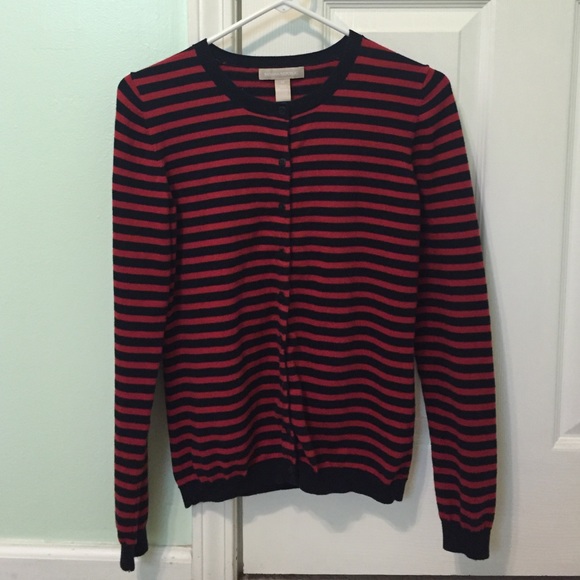 Navy and red striped crew neck cardigan