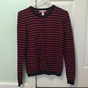 Navy and red striped crew neck cardigan