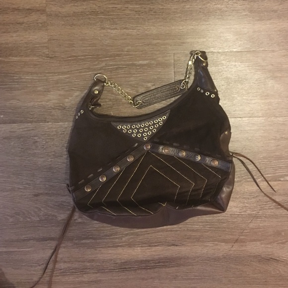 Brown suede and leather shoulder purse