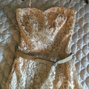 Ann Taylor gold strapless cocktail dress.