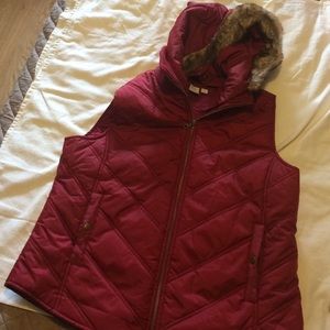 Red vest with fur trimmed detachable hood
