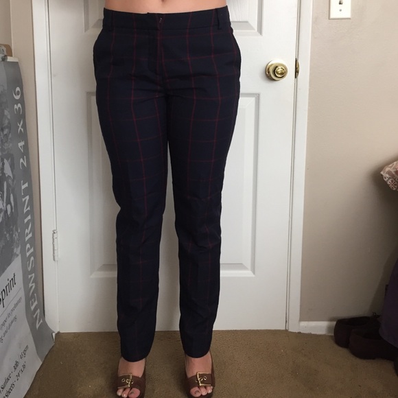 Navy blue plaid trousers.