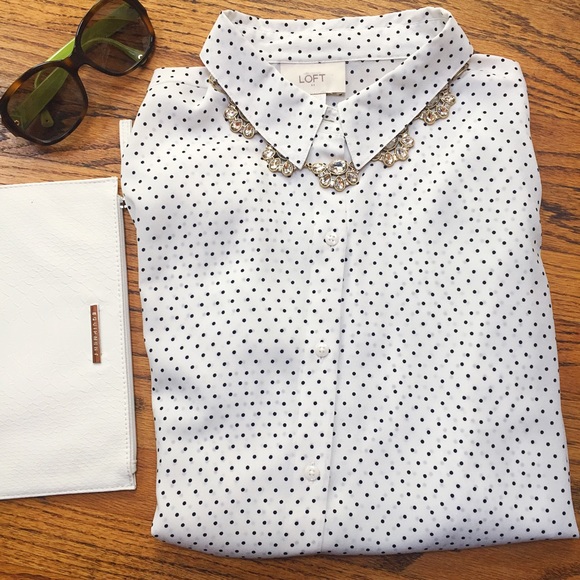 LOFT Ivory with Navy Blue Pin Dot Button Down
