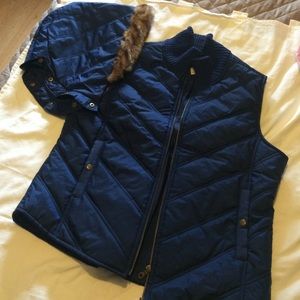 Blue vest with detachable fur trimmed hood