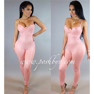 Sexy Pink plunge faux leather bodycon jumpsuit
