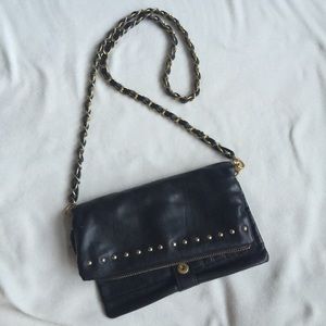 bebe black leather crossbody/clutch with gold hw