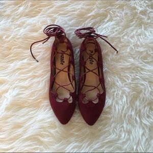 Burgundy Lace Up Ballet Pointed Flats
