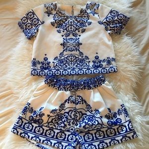 SheIn White and Blue Crop Top Set