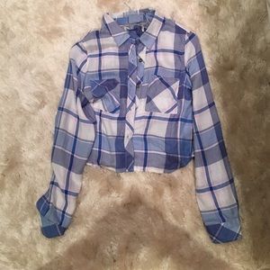 White, Blue, and Pink Cropped Flannel Sweater