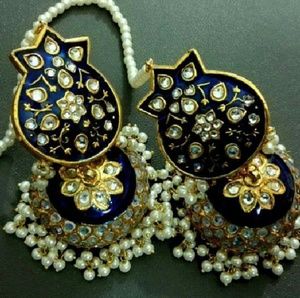 Gold plated jhumkay in Navy and Gold