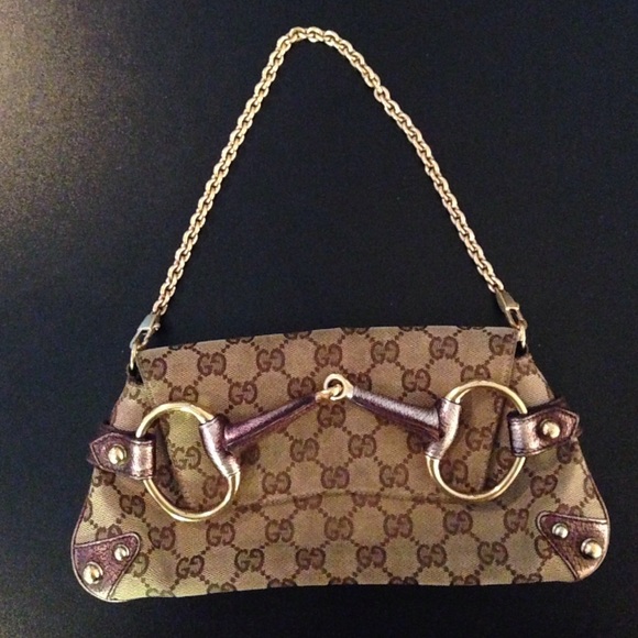 Gucci beige & purple GG monogram horsebit clutch.
