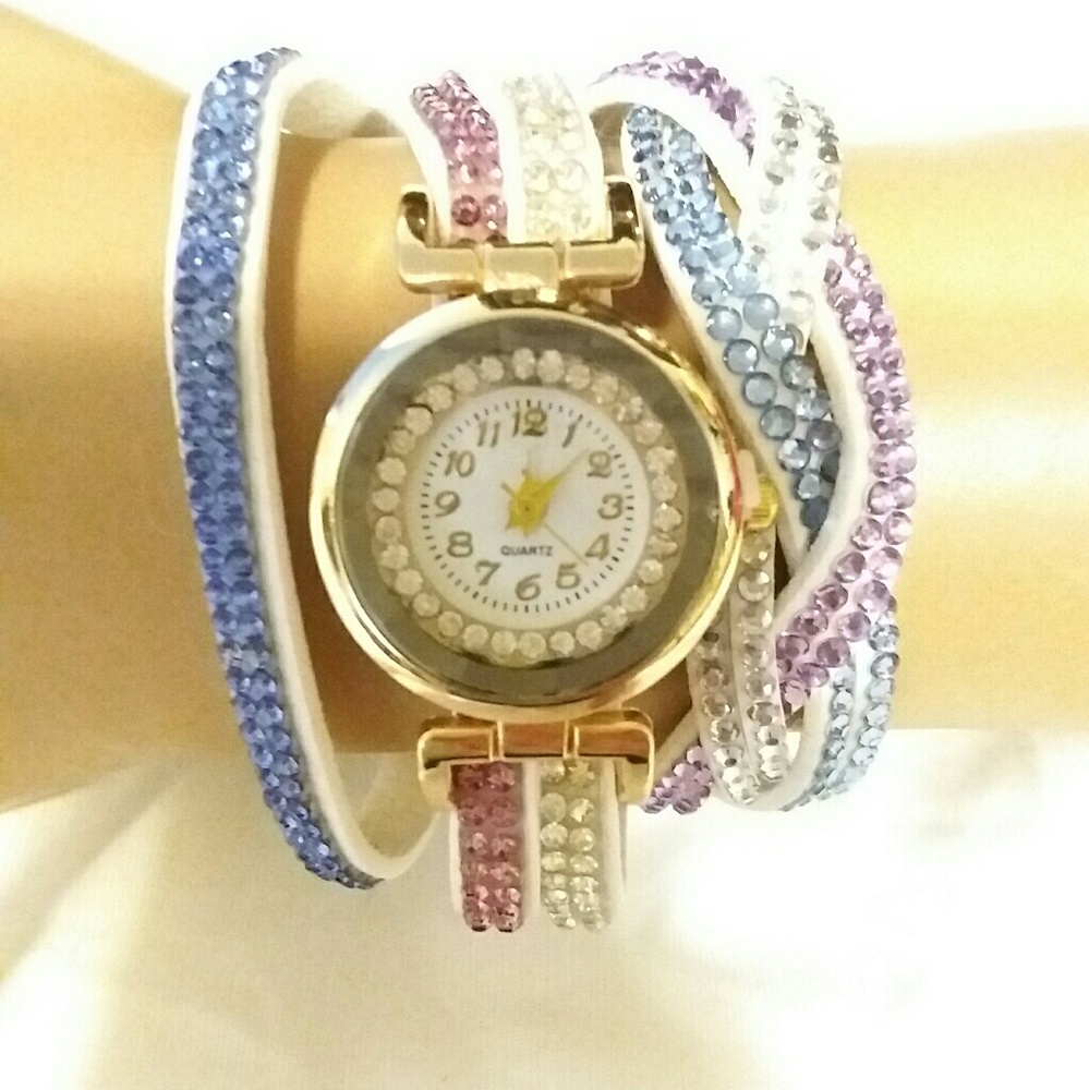 Rhinestone wrap around quartz watch