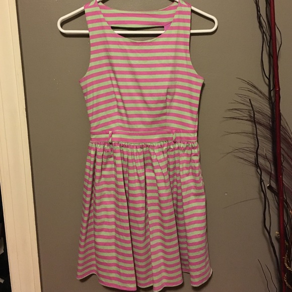 Pink & green striped cutout a-line dress