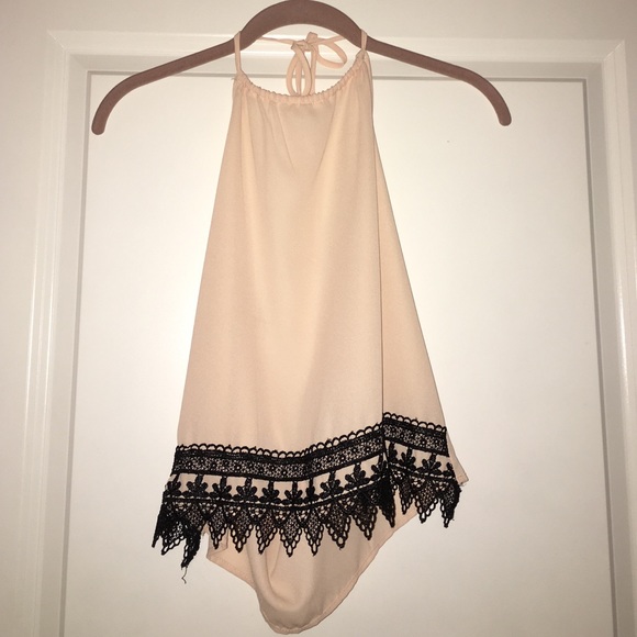 halter top with black lace trim