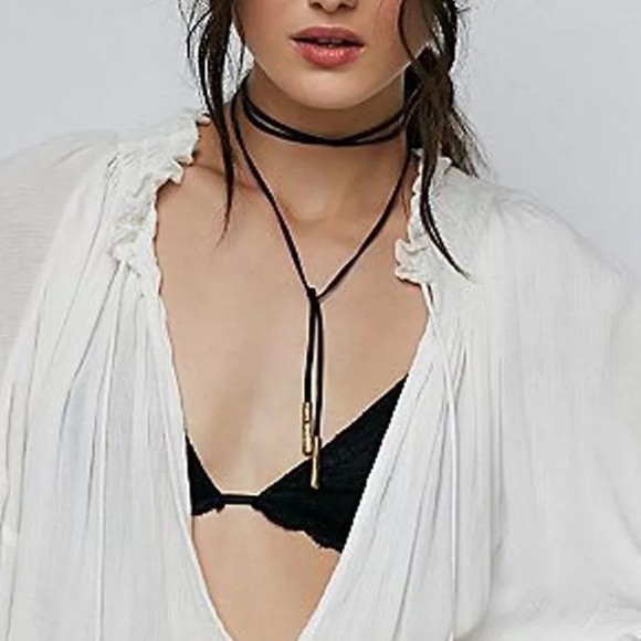 💋BLACK SUEDE CHOKER NECKLACE BOHO LARIAT STYLE - Picture 2 of 4