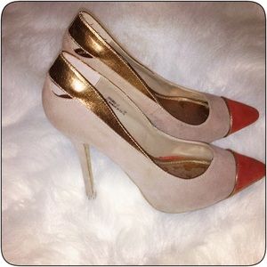 Nude, gold and rust colored pumps