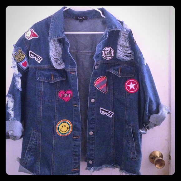 Oversized distressed denim jackets with patches