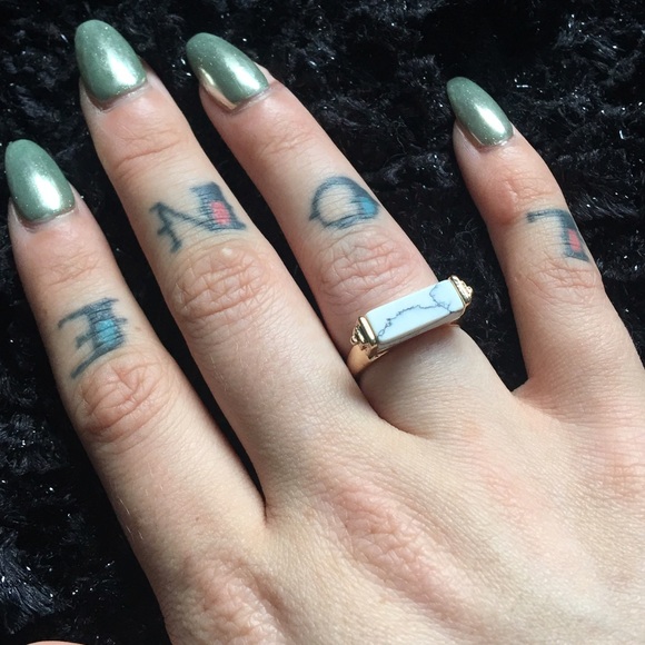 🌫 White Marble Bar Ring (gold band) - Picture 2 of 4