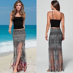 Fringe Print Maxi Skirt