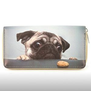 Pug vs biscuit vinyl clutch bag