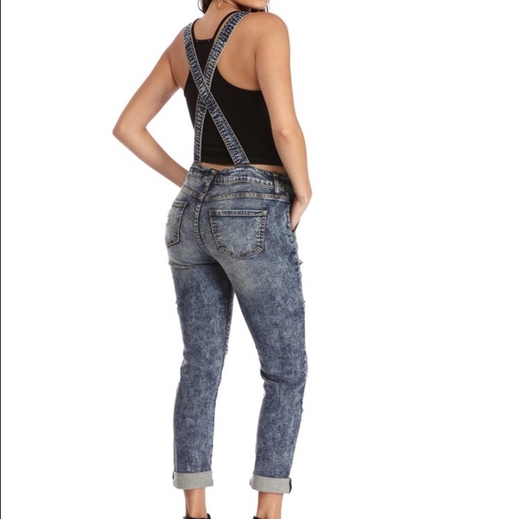 Distressed denim overalls - Picture 2 of 4