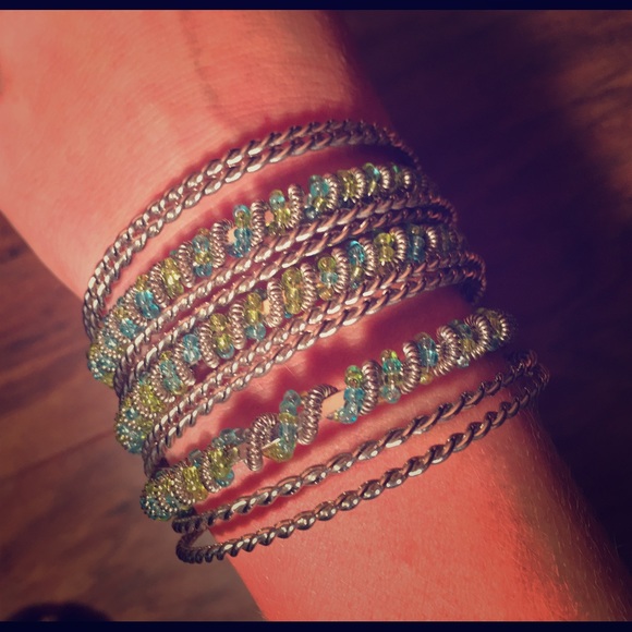 Silver Bangle Cuff Bracelet grn/blue bead accent