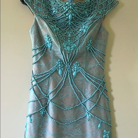 Sherri Hill hand beaded turquoise dress - Picture 2 of 4
