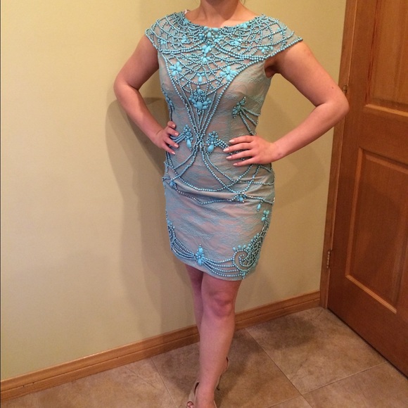 Sherri Hill hand beaded turquoise dress - Picture 4 of 4