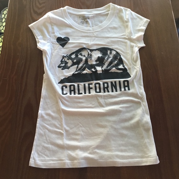 White tee with black California graphic.