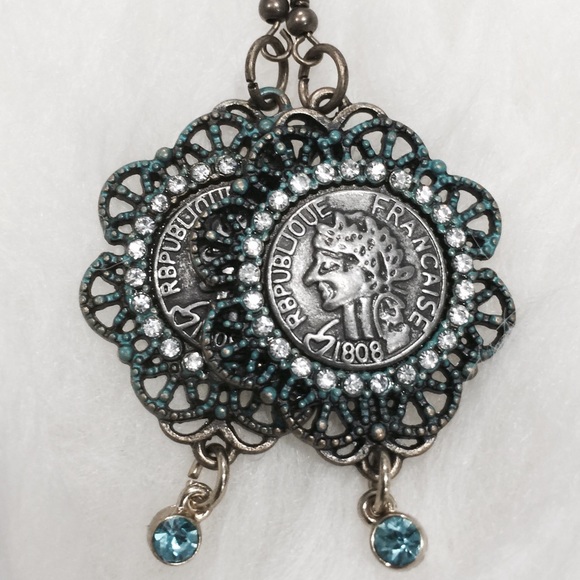 Teal Framed Roman Inspired Coin Earrings - Picture 2 of 4