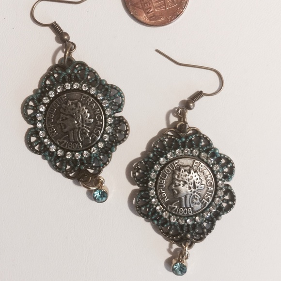 Teal Framed Roman Inspired Coin Earrings - Picture 3 of 4