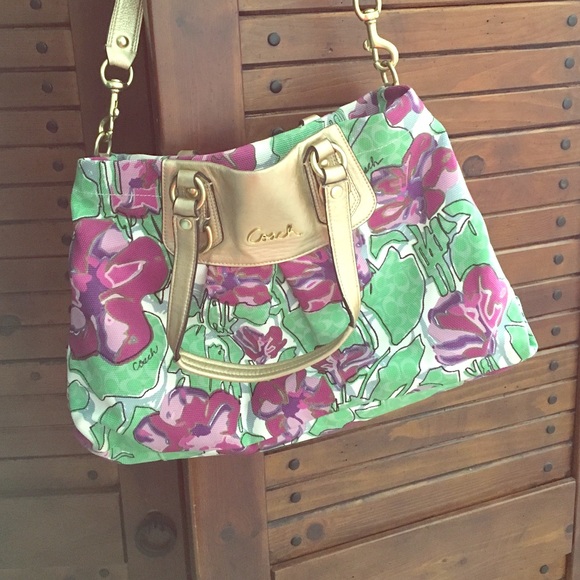 COACH Ashley Floral Metallic Gold Carryall Tote