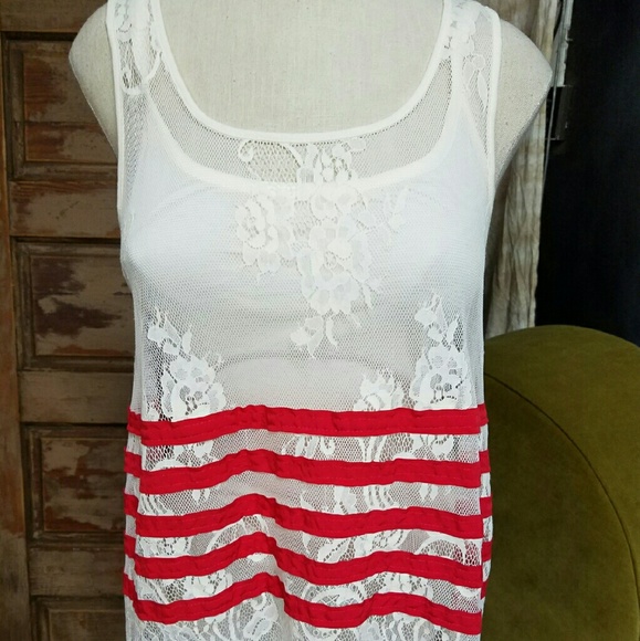 White Lace Tank with Red Accent Stripes - Picture 1 of 2