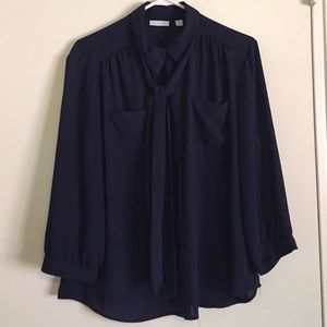 New York & Company Navy 3/4 Sleeve Tie-Neck Top L