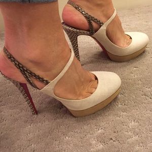 Christian Louboutin linen and snakeskin slingbacks