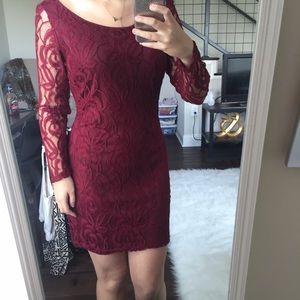 Wine lace long sleeve dress