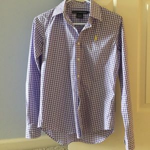 Purple and white checkered button down polo