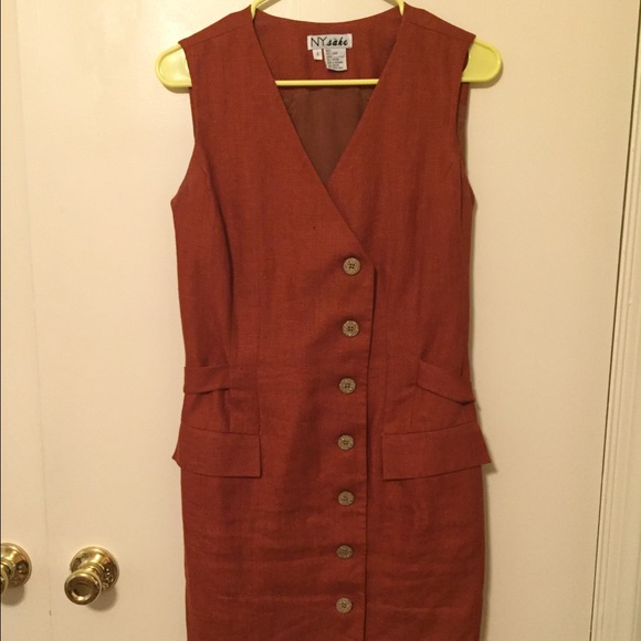 vintage burnt orange linen button up fitted dress