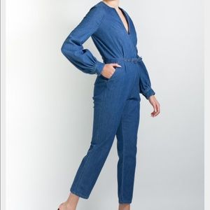 Rachel Comey chambray jumpsuit with bell sleeves.