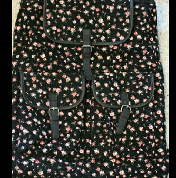 Black backpack with pink floral