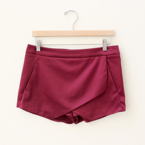 Satin Burgundy Asymmetrical Shorts