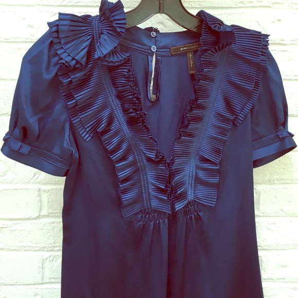 BCBG | Tops | Bcbgmaxazria Ruffle Pleat Navy Satin Short Sleeve | Poshmark