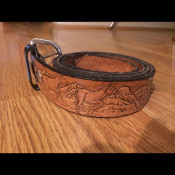 handmade leather belt with western scene