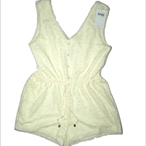 Babe Society Pants - Cream Crochet Lace Open Back Romper NEW