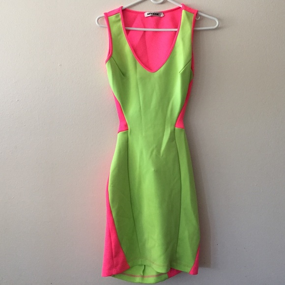 Bright pink and green fitted dress