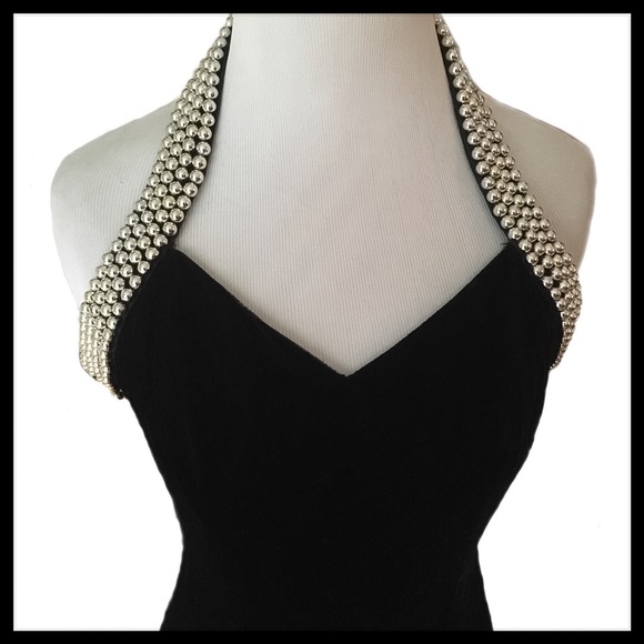 Black velvet long beaded halter formal dress