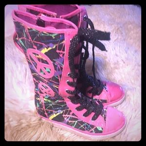 Pink paint lace up boots