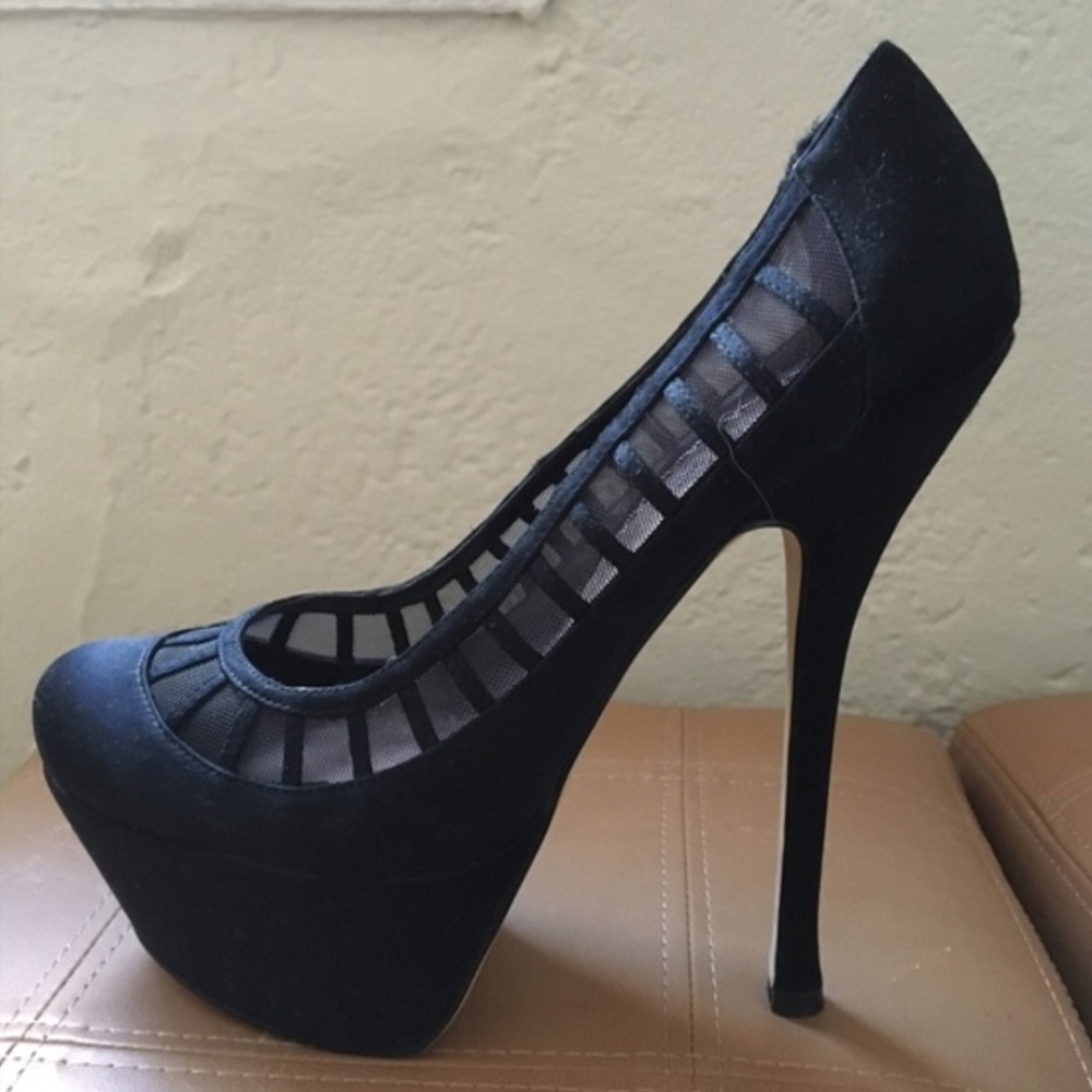 Brand new Bebe Sofia black satin and mesh pumps