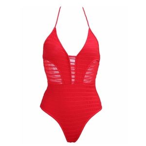 New red halter one piece swimsuit