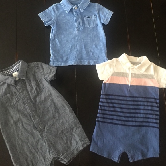 2 Carter's Rompers and 1 Polo Shirt- Boy Size 9mo